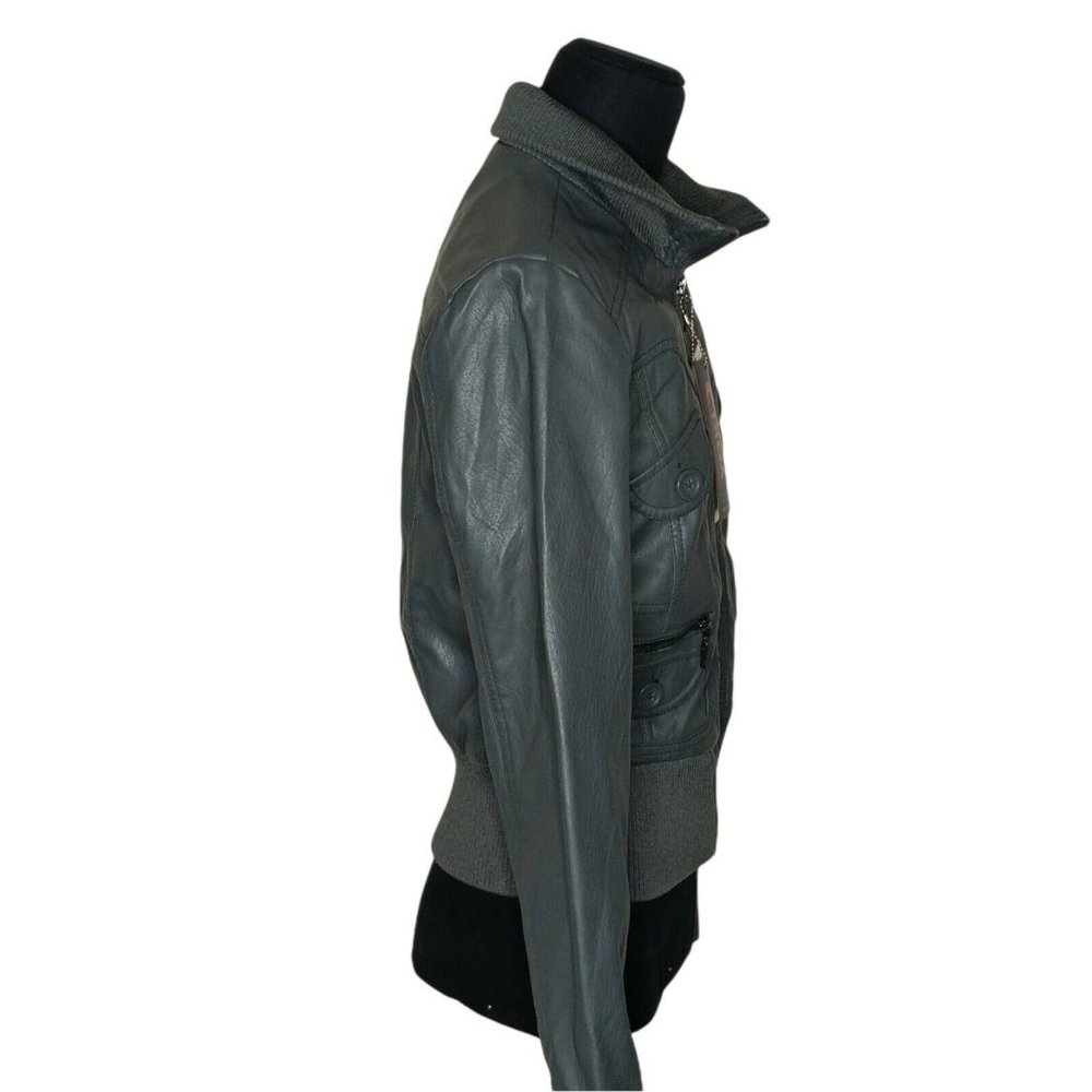 New York YOKI Faux Leather Grey Colored Bomber Jacket Large Long Sleeves NWT - Picture 4 of 6